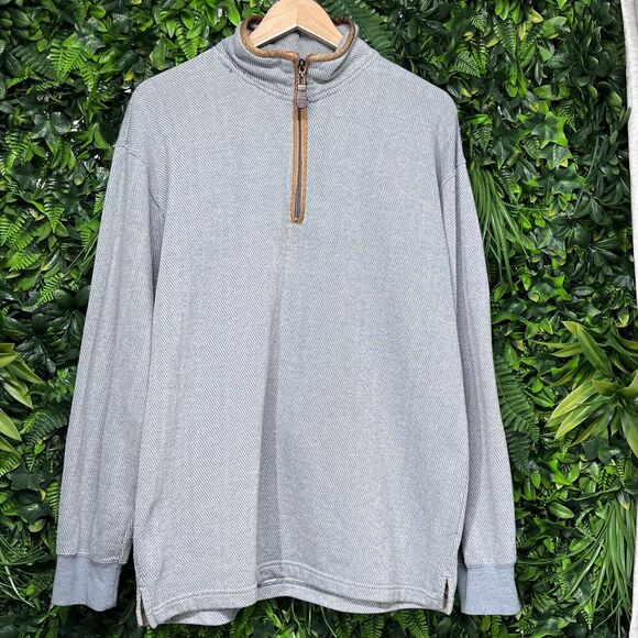 ORVIS Men Tweed Pull Over Medium Blue Sweater 1/4 Zip Leather Trim 2331 - Picture 2 of 11